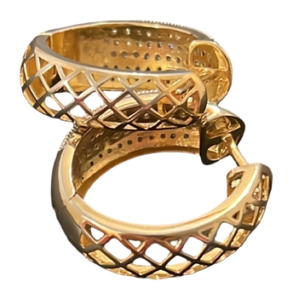 Designer 14KT Gold Plated Paved CZ Crystal Diamond Cut Out Huggie Hoops - Picture 7 of 11